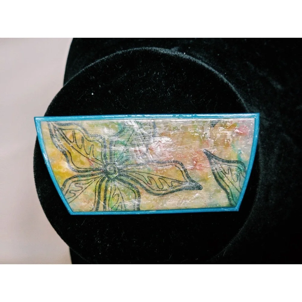 Vintage Handcrafted Signed Asymmetrical Floral Brooch Pin Multicolor Blue Clay